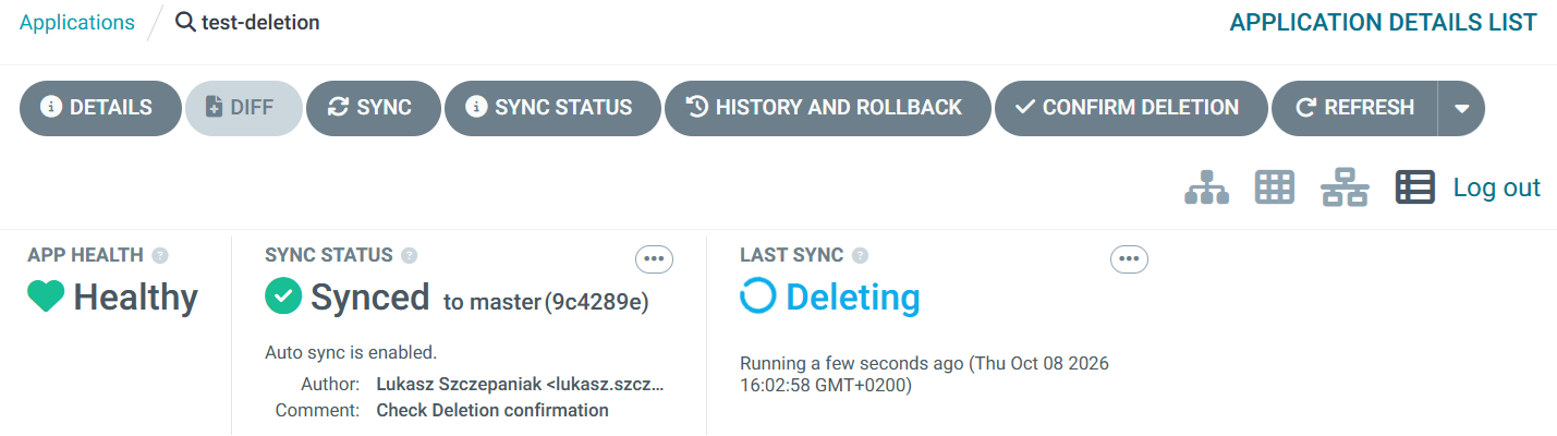 Argo CD Application UI showing the Confirm Deletion button